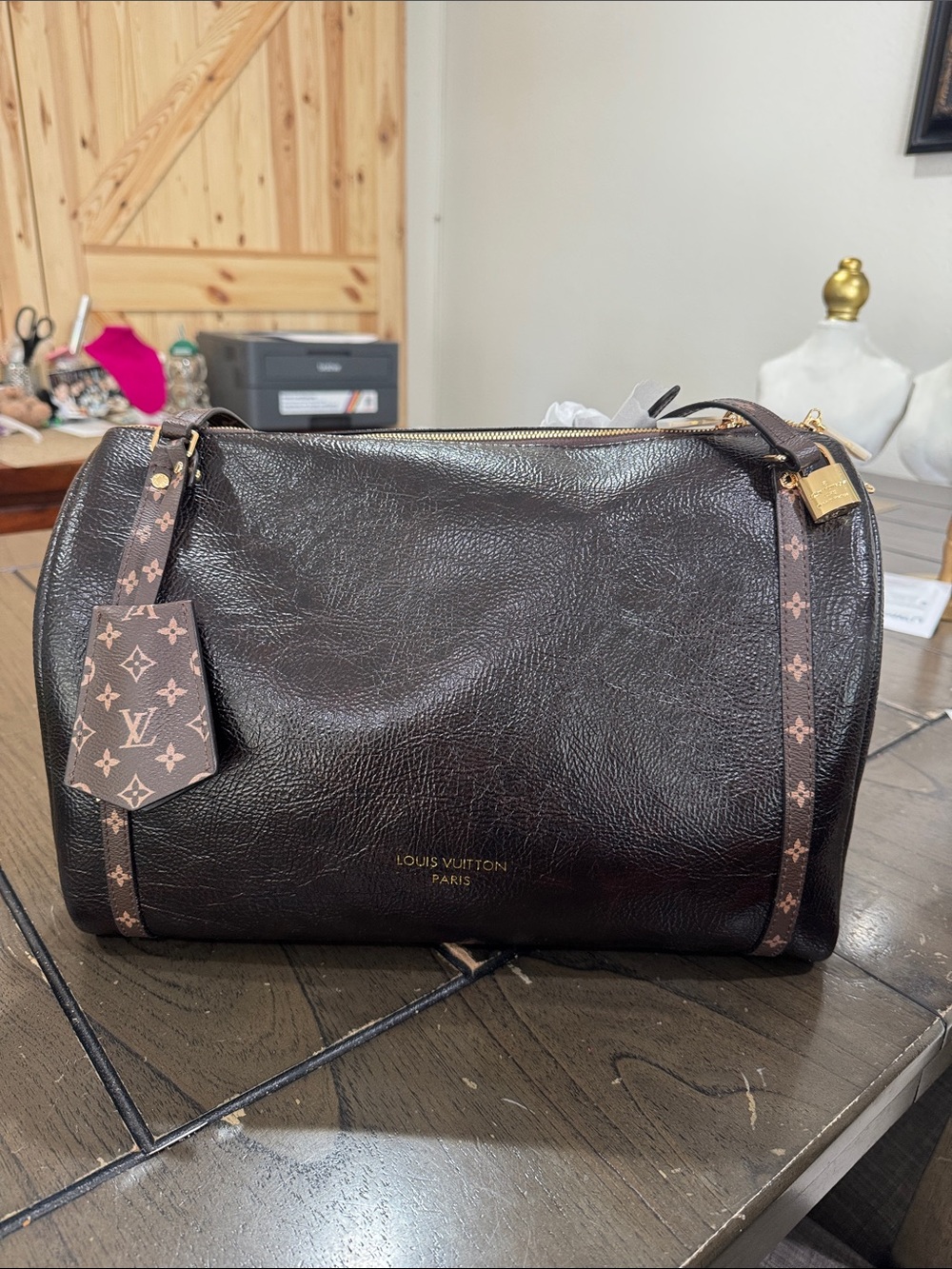 Fashion speedy Dark Brown Leather  Duffel with Monogram Trim